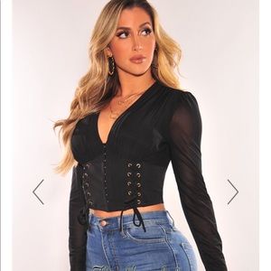 Black Mesh V Neck Long Sleeve Lace Up Corset Top